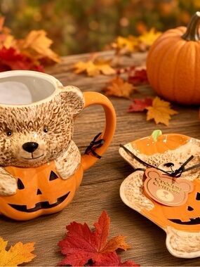 Creepy Critters Bear Jack-O'-Lantern Ceramic Halloween Mug & Spoon-rest Set